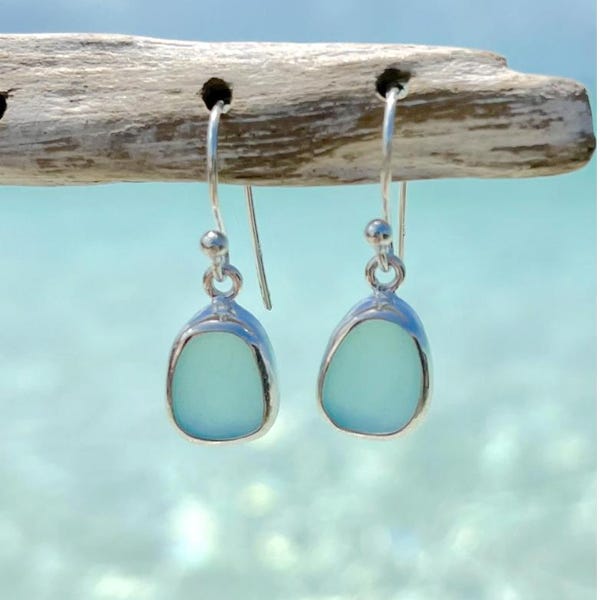 Orecchini pendenti in argento sterling, schiuma di mare, orecchini in vetro di mare, orecchini pendenti, gioielli da sposa, regalo per gli amanti della spiaggia, gioielli da vacanza a forma di sirena