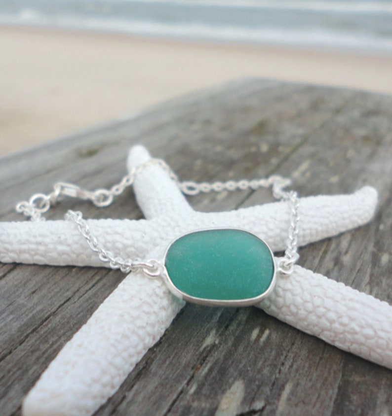 Sea Glass Bracelet, Adjustable Sterling Silver Beach Glass Bracelet, Sea Glass Jewelry for Women, Sea Glass Gifts, Blue Sea Glass Bracelet image 2