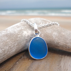 Cobalt Blue Silver Bezeled Sea Glass Necklace-Sterling Silver Wire Wrapped around Beach Glass-Ocean Necklace for Mermaids image 1