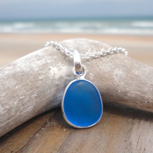 Cobalt Blue Silver Bezeled Sea Glass Necklace-Sterling Silver Wire Wrapped around Beach Glass-Ocean Necklace for Mermaids