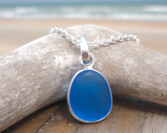 Cobalt Blue Silver Bezeled Sea Glass Necklace-Sterling Silver Wire Wrapped around Beach Glass-Ocean Necklace for Mermaids