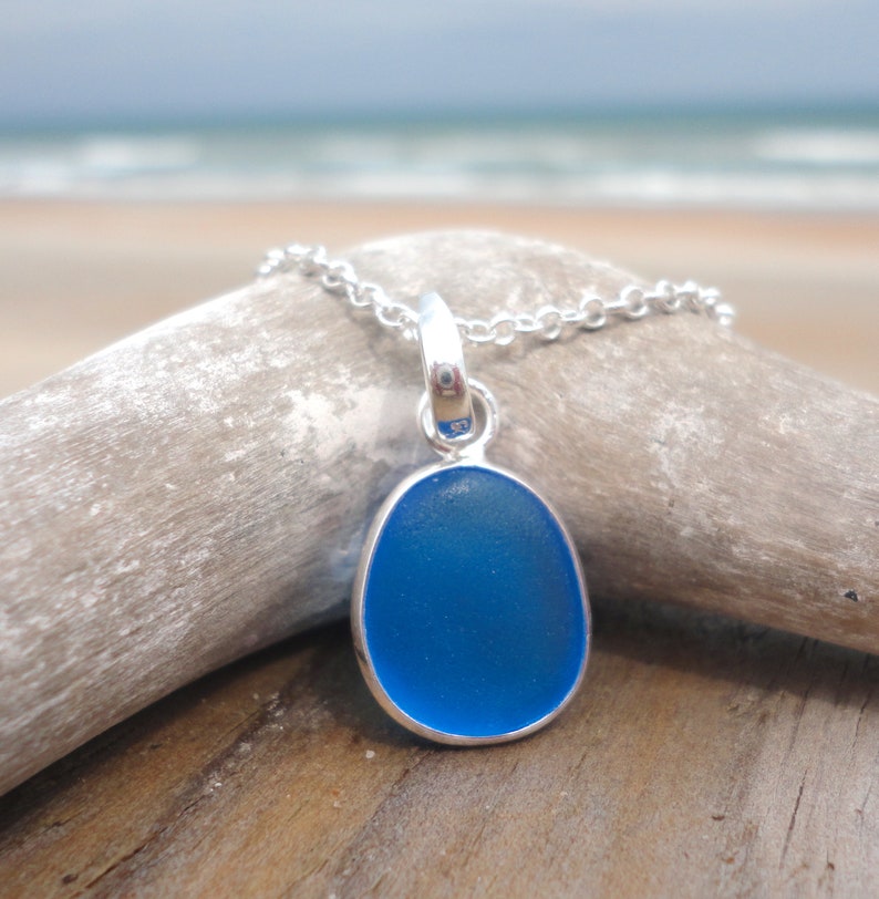 Cobalt Blue Silver Bezeled Sea Glass Necklace-Sterling Silver Wire Wrapped around Beach Glass-Ocean Necklace for Mermaids image 1