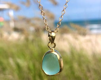 Petite Gold Sea Glass Pendant Necklace Gold Plated Beach Glass Jewelry Ocean Jewelry  Beach Jewelry Gold Coastal Charm Necklace Minimalist