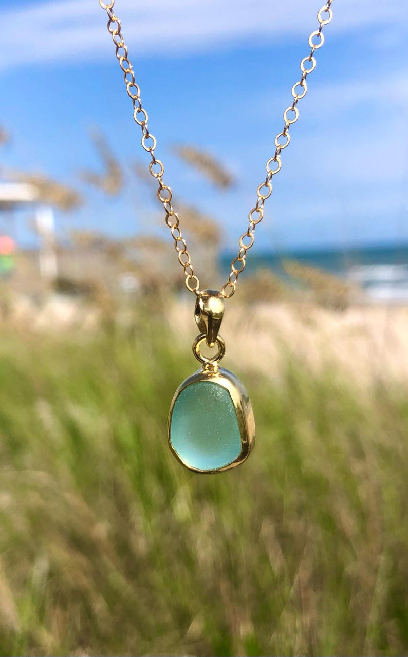 Petite Gold Sea Glass Pendant Necklace Gold Plated Beach Glass Jewelry Ocean Jewelry Beach Jewelry Gold Coastal Charm Necklace Minimalist image 1