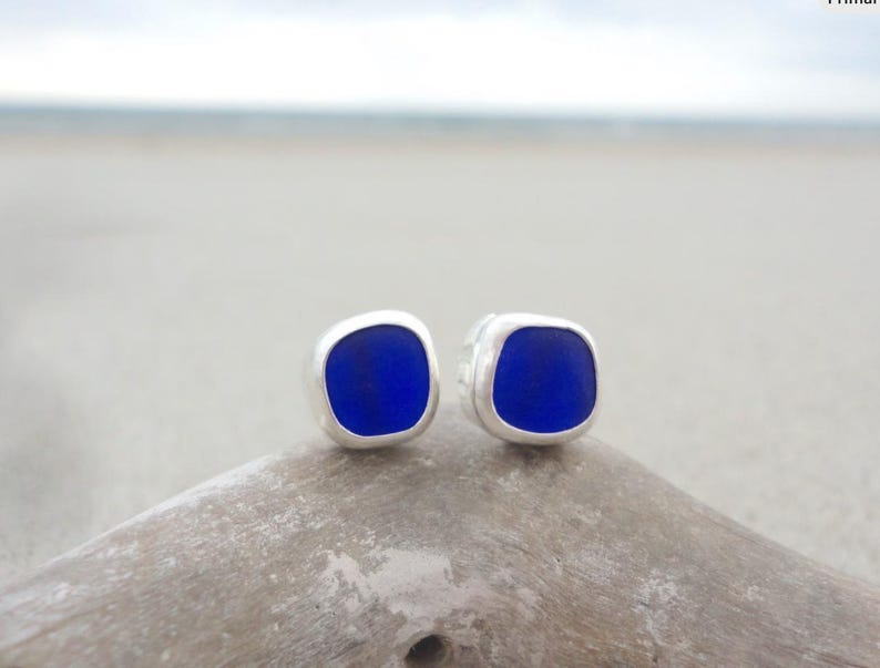 Stud Earrings Sea Glass Earrings Sterling Silver Beach Glass Earring Mermaid Tears Jewelry Ocean Earring Sea Glass Jewelry Gift for Wife Sapphire Blue