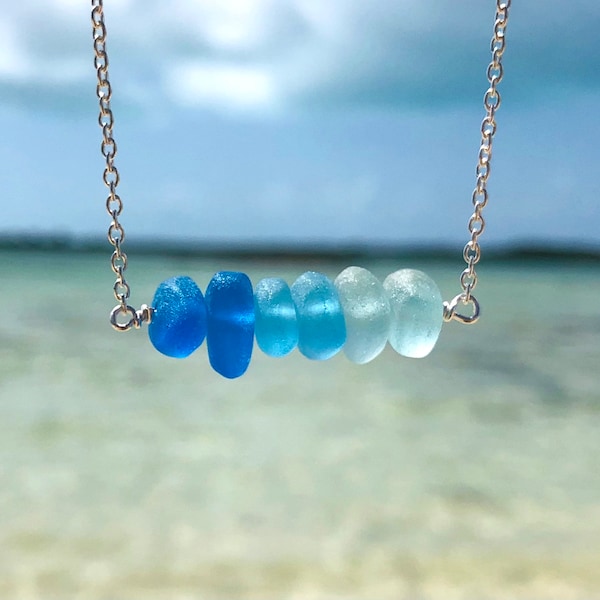 Sea Glass Ombre Bar Necklace, Shades of Blue Sea Glass Necklace, Sterling Silver Horizontal Necklace, Boho Necklace, Beach Glass Jewelry