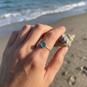 Teal Sea Glass Ring, Thin Sterling Silver Minimalist Beach Ring, Sea Glass Jewelry, Mermaid Ocean Ring, Beach Jewelry, Beach Birthday Gift image 10