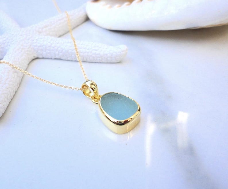 Petite Gold Sea Glass Pendant Necklace Gold Plated Beach Glass Jewelry Ocean Jewelry Beach Jewelry Gold Coastal Charm Necklace Minimalist image 5