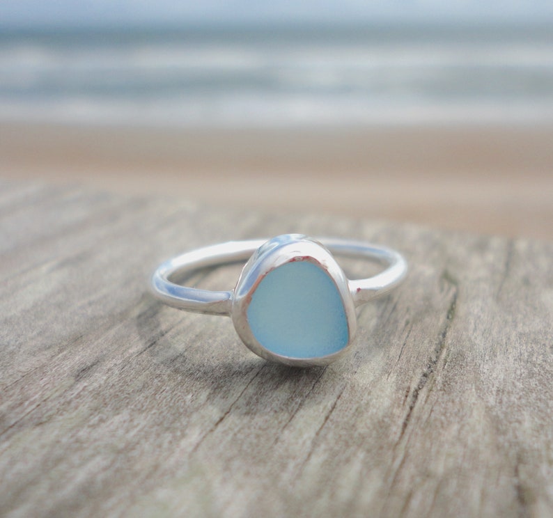 Light Blue Sea Glass Thin Band RingSterling Silver Minimalist Beach RingSea Glass Jewelry made for Mermaids-Ocean RingBeach Jewelry image 4