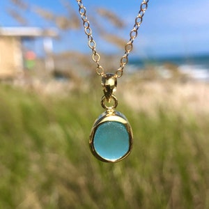 Petite Gold Sea Glass Pendant Necklace 24k Gold Plated Aqua Blue Beach Glass Jewelry Ocean Jewelry Birthday Gift Beach Wedding Jewelry