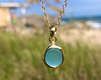 Petite Gold Sea Glass Pendant Necklace 24k Gold Plated Aqua Blue Beach Glass Jewelry Ocean Jewelry Birthday Gift Beach Wedding Jewelry