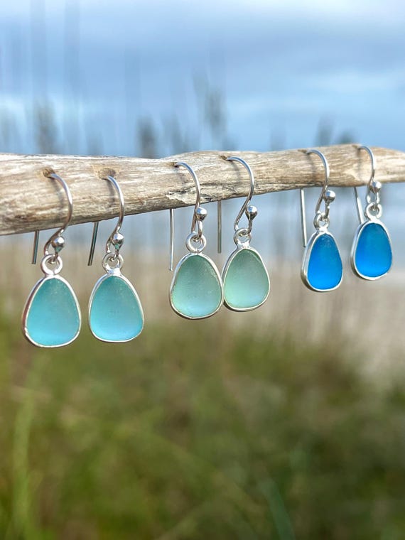 Sea Glass Earrings Dangle Sterling Silver Wire Wrap Drop Earrings Beach Glass Jewelry Gift for Beach Lover Mermaid Earrings Vacation Jewelry
