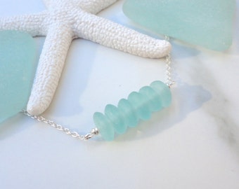 Aqua Sea Glass Bar Necklace, Blue Beach Glass Necklace, Sterling Silver 16"-18" Chain, Sea Glass Necklace Gift, Gift for Beach Lovers