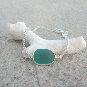 Teal Green Sea Glass Bracelet Adjustable Sterling Silver Beach Glass Bracelet Sea Glass Jewelry for Women Birthday Gift Beach Wedding Gift