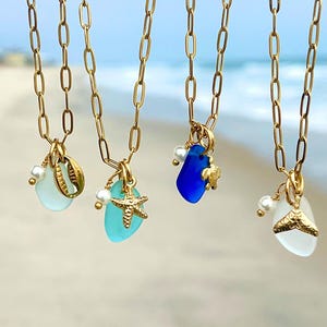 Custom Charm Sea Glass Necklace 18k Gold Plated Coastal Necklace Choose Charms Beach Necklace Beach Glass Necklace Mermaid Gift