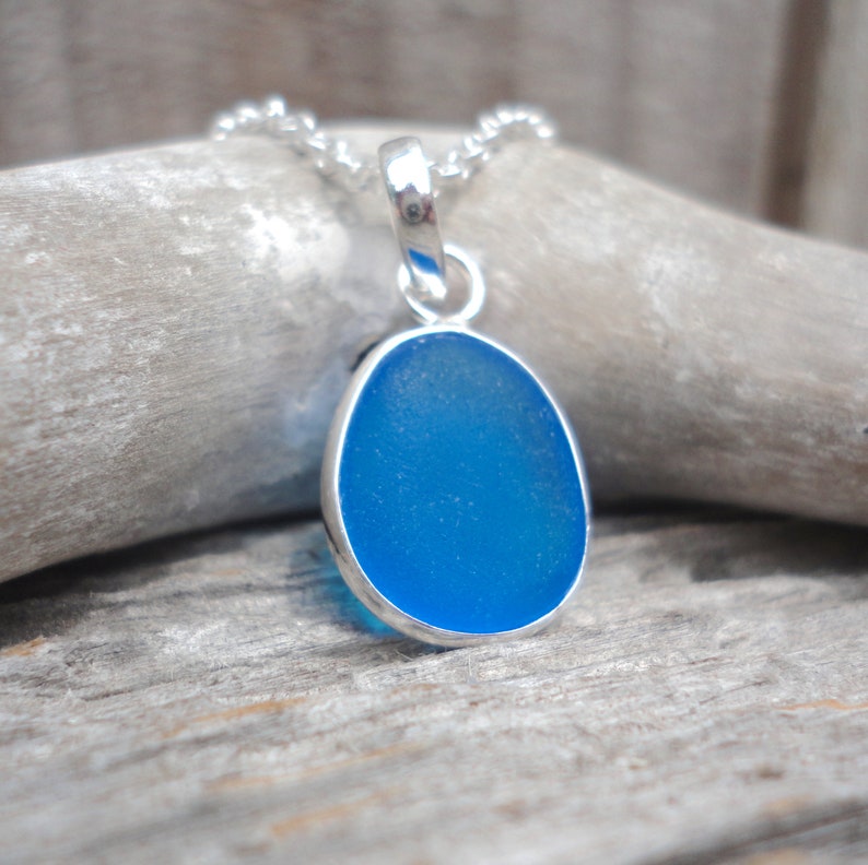 Cobalt Blue Silver Bezeled Sea Glass Necklace-Sterling Silver Wire Wrapped around Beach Glass-Ocean Necklace for Mermaids image 2