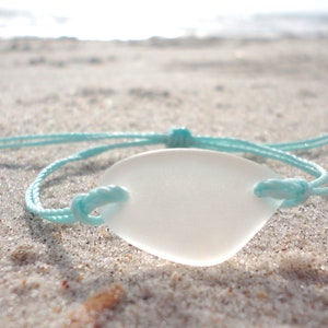 Sea Glass White Piece Bracelet Adjustable Waterproof, Wax Coated Bangle Teal Thread Handmade Sea Glass Shard Bracelet Beach Glass Bracelet