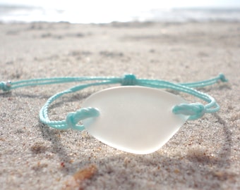 Sea Glass White Piece Bracelet Adjustable Waterproof, Wax Coated Bangle Teal Thread Handmade Sea Glass Shard Bracelet Beach Glass Bracelet