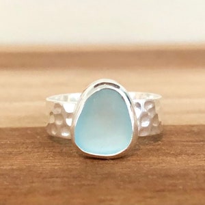 Light Blue Hammered Sea Glass Ring-Sterling Silver Thick Band Ring--Sea Glass Jewelry made for Mermaids-Ocean Ring--Beach Jewelry