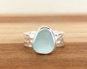 Light Blue Hammered Sea Glass Ring-Sterling Silver Thick Band Ring--Sea Glass Jewelry made for Mermaids-Ocean Ring--Beach Jewelry