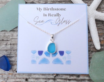 Birthstone Sea Glass Pendant Necklace, Birth Stone Necklace Gift, My Birthstone is Sea Glass, Sterling Silver Sea Glass Valentines Necklace