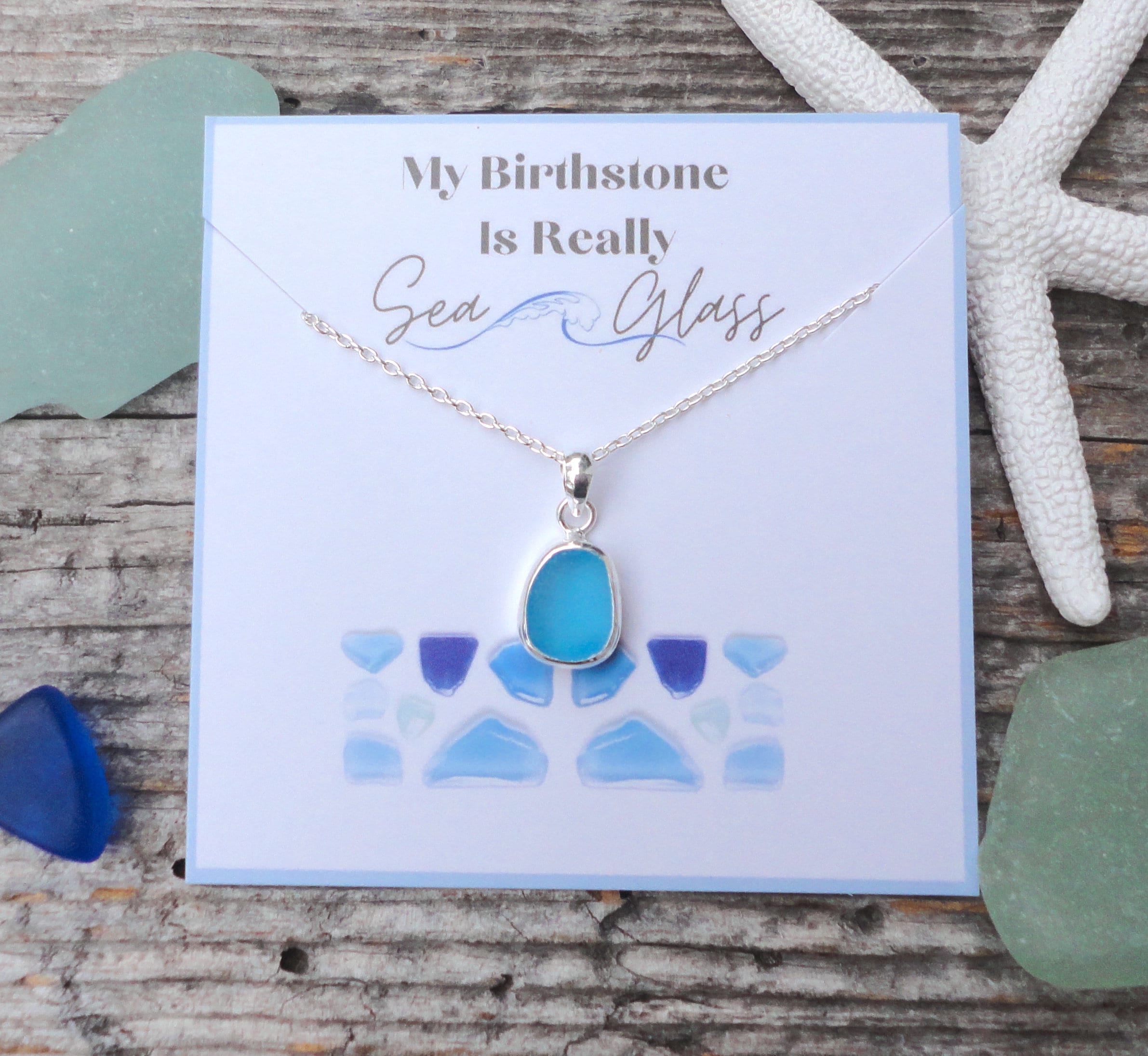 Sea Glass Birthstone Necklace Personalized Gift on Card “my