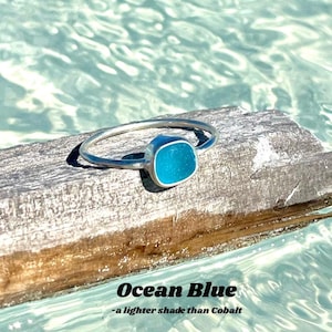 Teal Sea Glass Ring, Thin Sterling Silver Minimalist Beach Ring, Sea Glass Jewelry, Mermaid Ocean Ring, Beach Jewelry, Beach Birthday Gift Ocean Blue