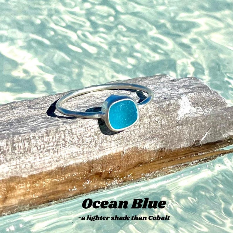 Teal Sea Glass Ring, Thin Sterling Silver Minimalist Beach Ring, Sea Glass Jewelry, Mermaid Ocean Ring, Beach Jewelry, Beach Birthday Gift Ocean Blue