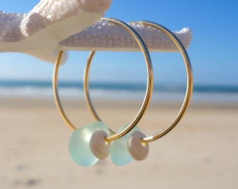 Lightweight Gold Filled Endless Hoop Earrings Gold Sea Glass Puka Shell Hoop Earrings Beach Earrings Gold Gift Idea for Beach Lover