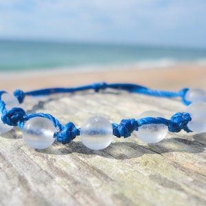 Blue and White Sea Glass Woven Bracelet--Adjustable Waterproof Bracelet or Anklet --Blue Thread with White Sea Glass Beads--Surfer Bracelet