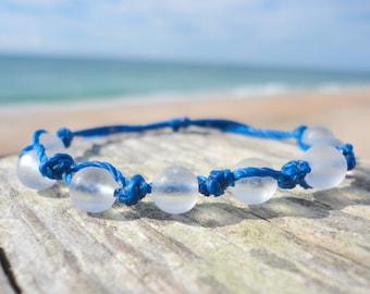 Blue and White Sea Glass Woven Bracelet--Adjustable Waterproof Bracelet or Anklet --Blue Thread with White Sea Glass Beads--Surfer Bracelet