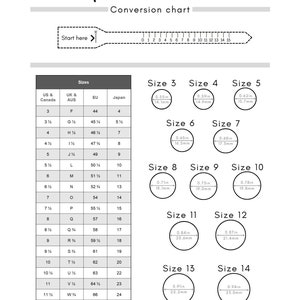 May include: A ring sizer chart with a ruler and a table showing ring sizes in US, UK, EU, and Japanese sizes. The chart also includes the corresponding ring diameter in inches and millimetres.