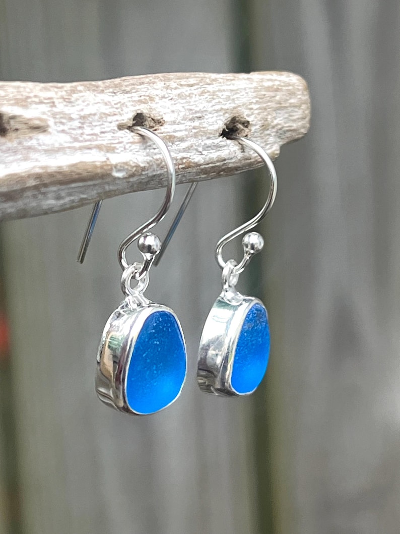 May include: A pair of silver-toned earrings with a vibrant blue, oval-shaped center. The blue glass is set in a silver bezel and hangs from a simple hook. The earrings are displayed on a wooden branch.