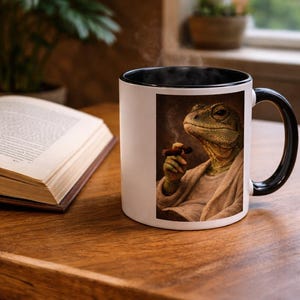May include: A white ceramic mug with a black interior and handle, featuring a printed graphic of a green lizard wearing a beige robe and holding a lit cigar. The lizard is depicted with a calm expression, and a thin wisp of smoke rises from the cigar.