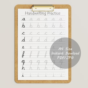 May include: A brown clipboard holding a white sheet of paper titled Handwriting Practice. The page features rows of lowercase cursive letters from a to i, with dashed lines for guidance. A grey circular overlay displays A4 Size Instant Dowload PDF/JPG.