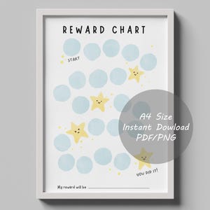 May include: A framed reward chart with the text REWARD CHART at the top. The design features light blue circular spots and yellow star icons with faces. The text START is near the top, and YOU DID IT! is near the bottom right. A line for My reward will be is at the bottom.