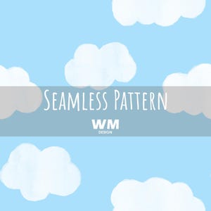 May include: A seamless pattern design featuring white fluffy clouds against a light blue sky background. The words "SEAMLESS PATTERN" are displayed in white, along with the "WM DESIGN" logo.