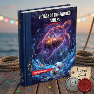 May include: A hardcover book titled "VOYAGE OF THE PAINTED SMILES" with a fantasy illustration of a turtle with a carnival inside. The cover is blue with a detailed design. Includes tags indicating level 3-4 and a one-shot adventure.