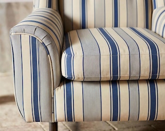 Striped Upholstery Fabric Navy Blue on Beige | Blue Stripe Curtain Fabric | Sold by Yard or Meter | Farmhouse Coastal Decor