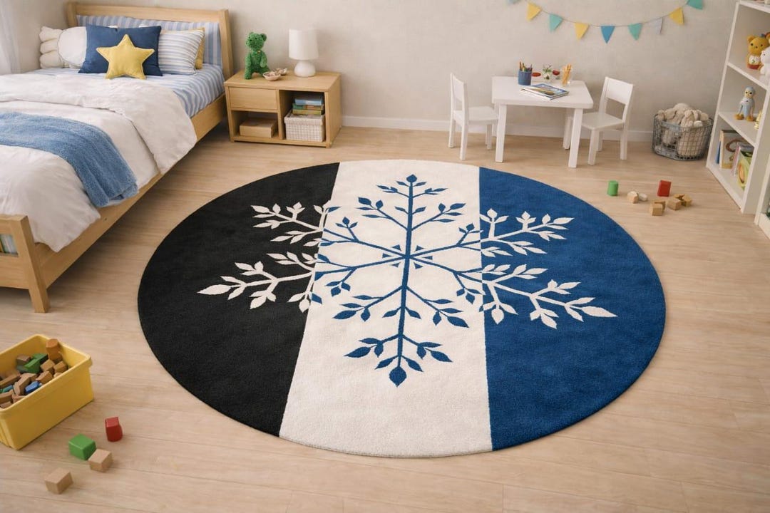 Round Blue Snowflake Rug Snowflake Trio Round Rug – Black White Blue - Etsy