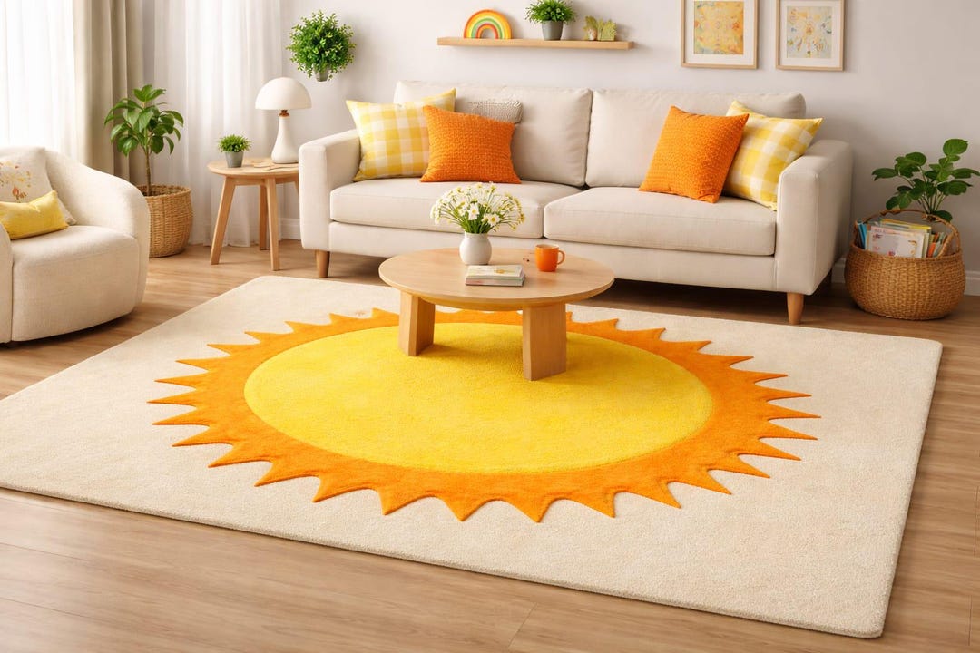 Hand Tufted Sun Rug, Yellow Orange Abstract Nursery Carpet, Modern ...