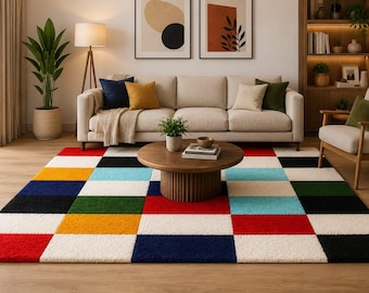Alfombra de área con bloques de color tejida a mano, alfombra moderna de tablero de ajedrez para habitación infantil.