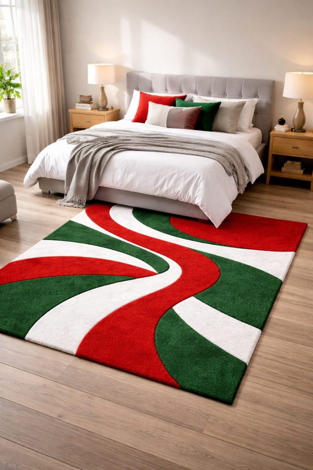 Modern Abstract Wave Pattern Area Rug in Red, Green & White - Etsy