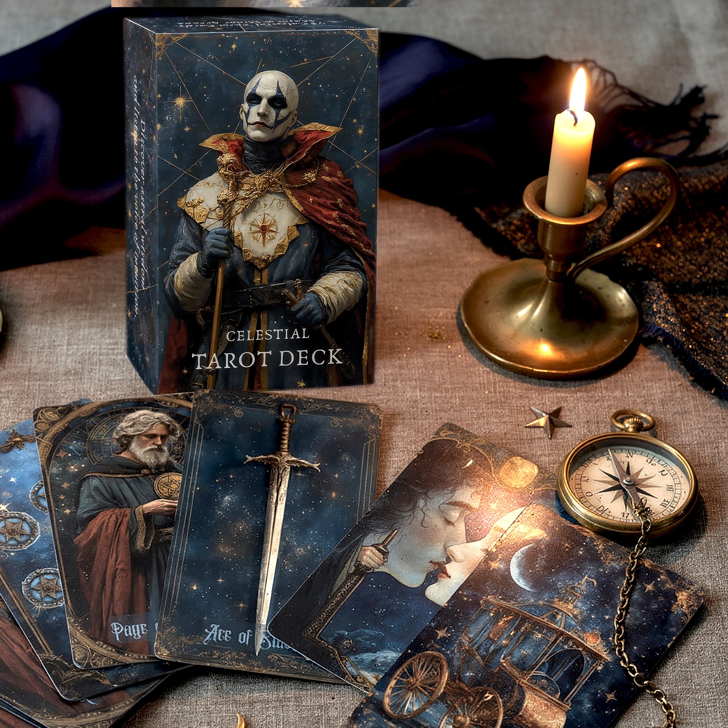 Celestial Tarot Deck With Guidebook, 78 Card Cosmic Blue Gold Set 13x8 ...
