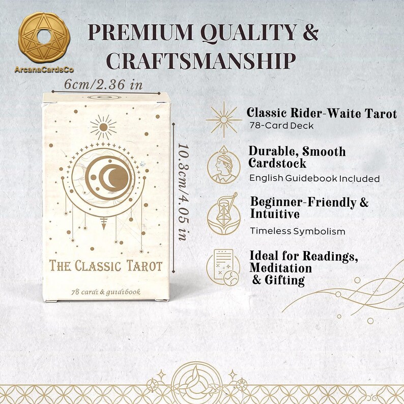Classic Rider Waite tarot deck box with premium craftsmanship, 78-card set with English guidebook, beginner friendly tarot deck for readings, meditation and gifting