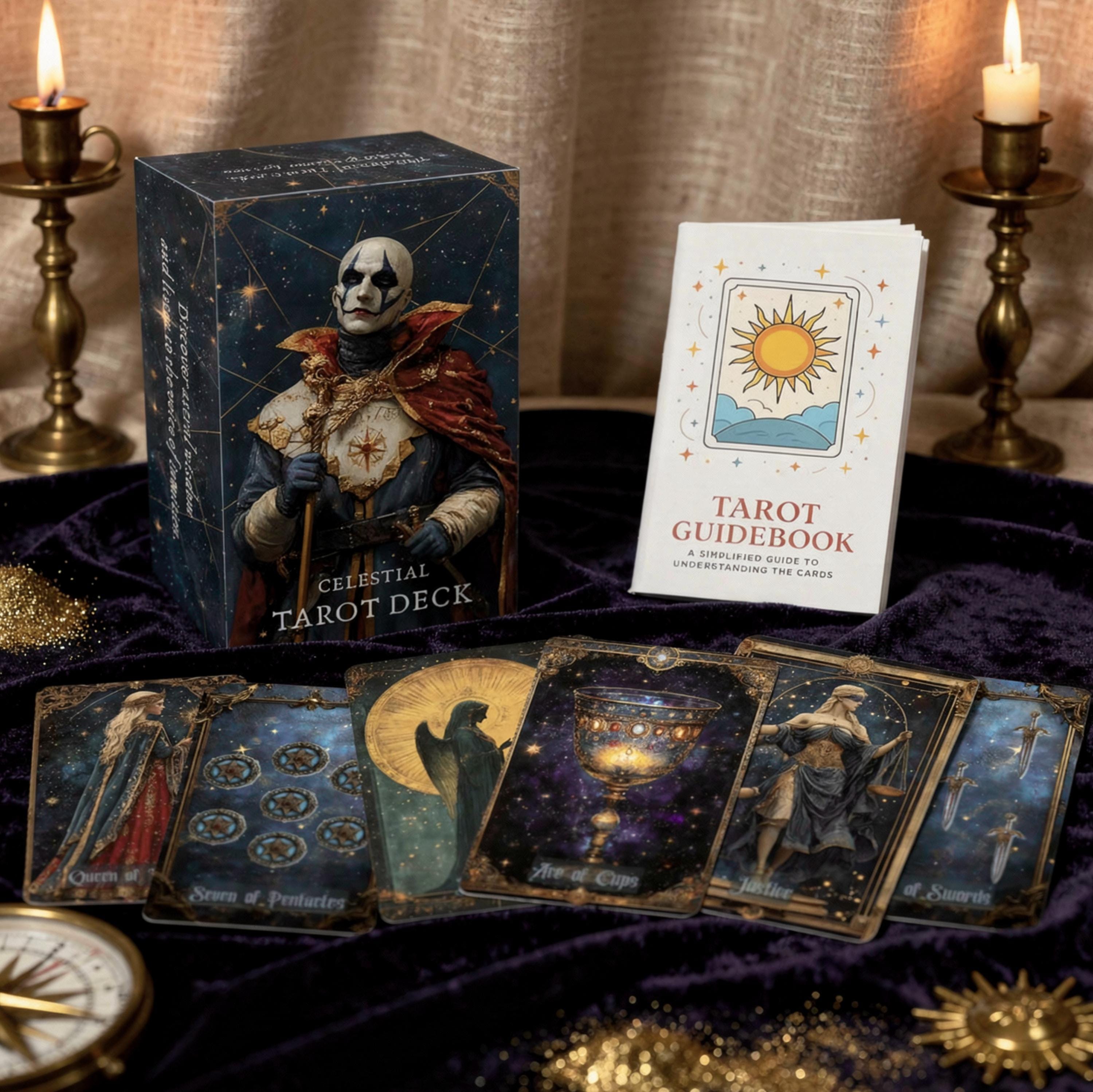 Celestial Tarot Deck With Guidebook, 78 Card Cosmic Blue Gold Set 13x8 ...