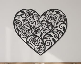Arte de pared de metal con forma de corazón, decoración de pared con rosas, letrero romántico para exteriores, arte de metal con forma de corazón floral, colgante de pared para jardín, regalo de aniversario