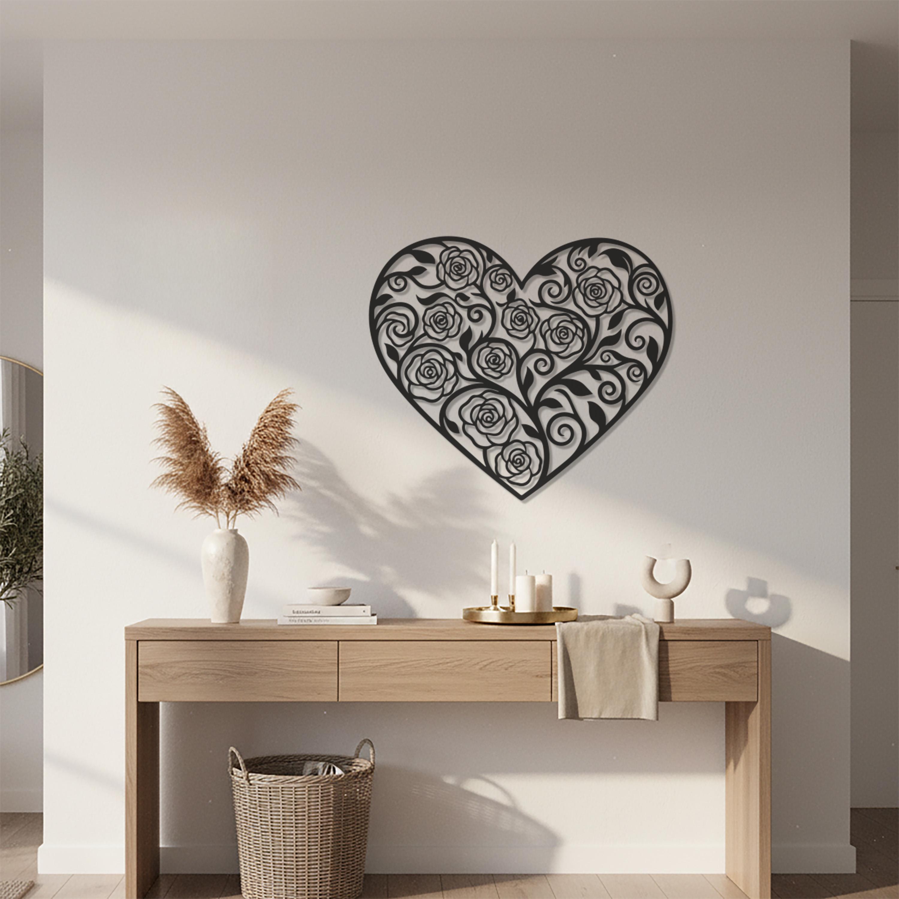 Heart Metal Wall Art, Rose Flower Wall Decor, Romantic Outdoor Sign ...