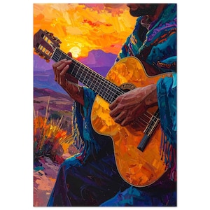 以下が含まれることがあります： 鮮やかな夕焼けを背景にクラシックギターを演奏する人物の油絵。ギターは暖かく金色で、人物は青いショールを身に着けています。このアートワークは、音楽と自然の瞬間を捉えています。