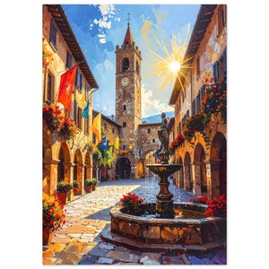 Può includere: Un dipinto artistico di una piazza europea con un alto campanile, una fontana e edifici con passaggi ad arco. Bandiere rosse e gialle adornano gli edifici, con fiori in vasi e fioriere. Il sole splende luminoso nel cielo.